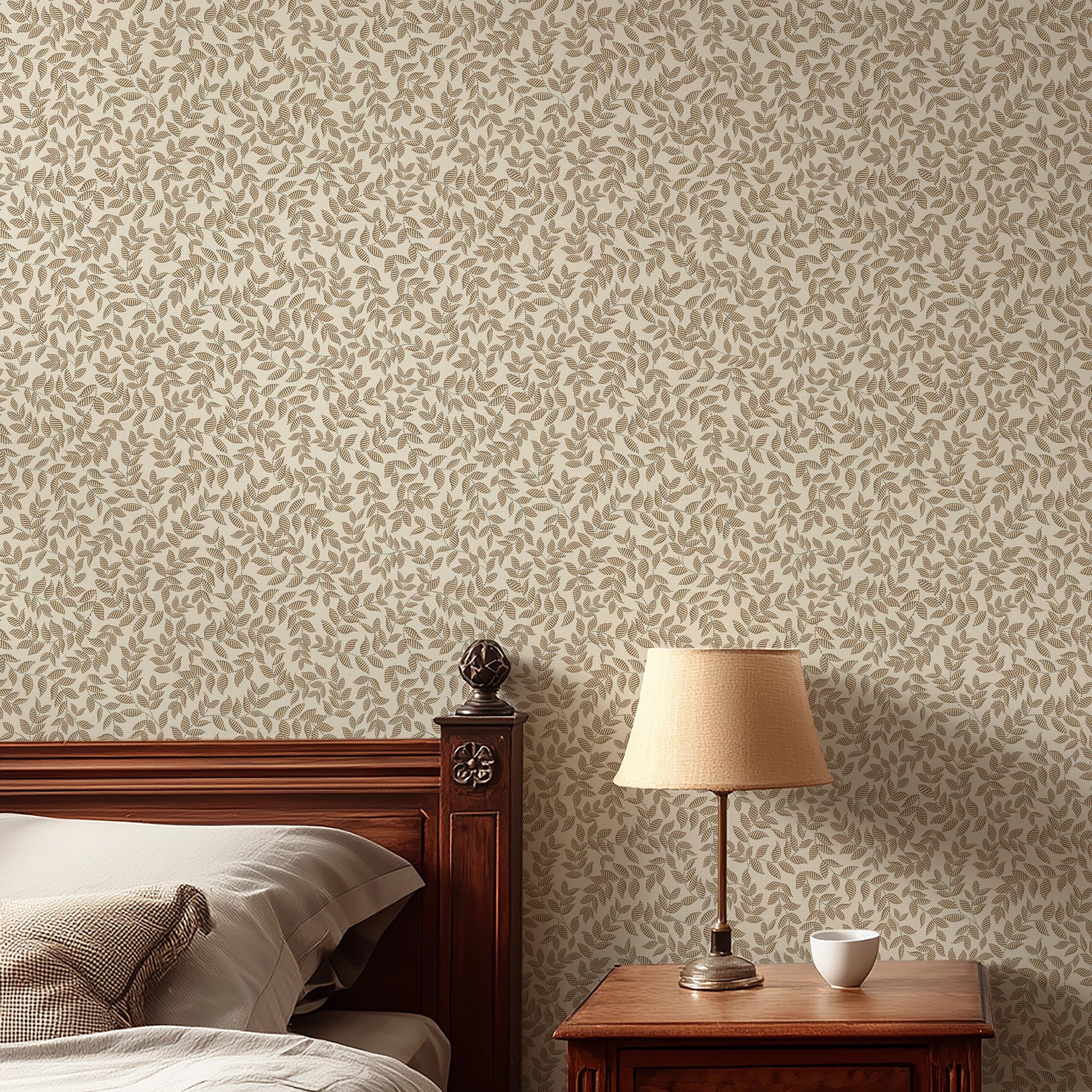 Bedroom with a wooden bed and nightstand against a patterned wall with brown trailing leaves.