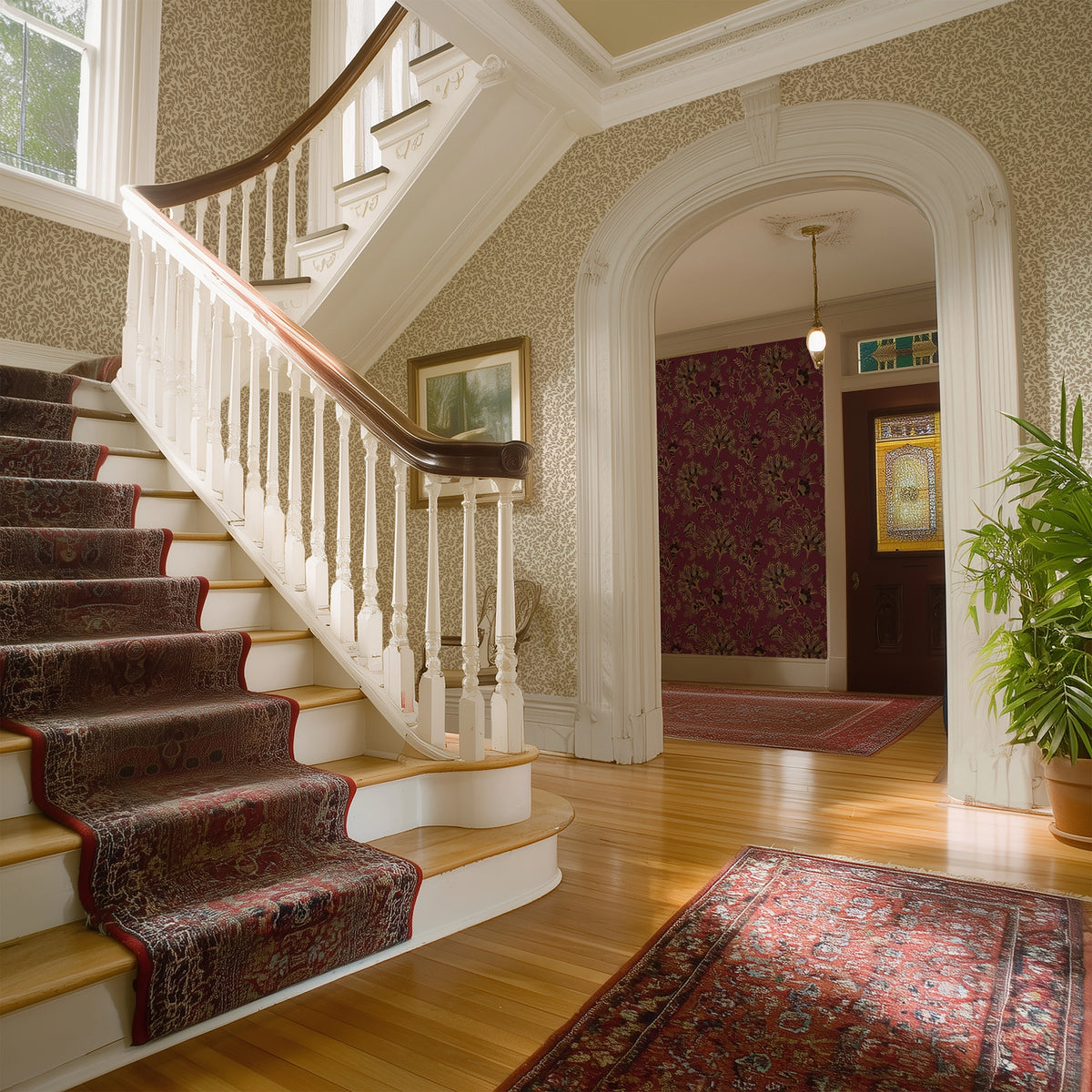 Staircase with a red runner in a home interior with patterned wallpaper and a plant.