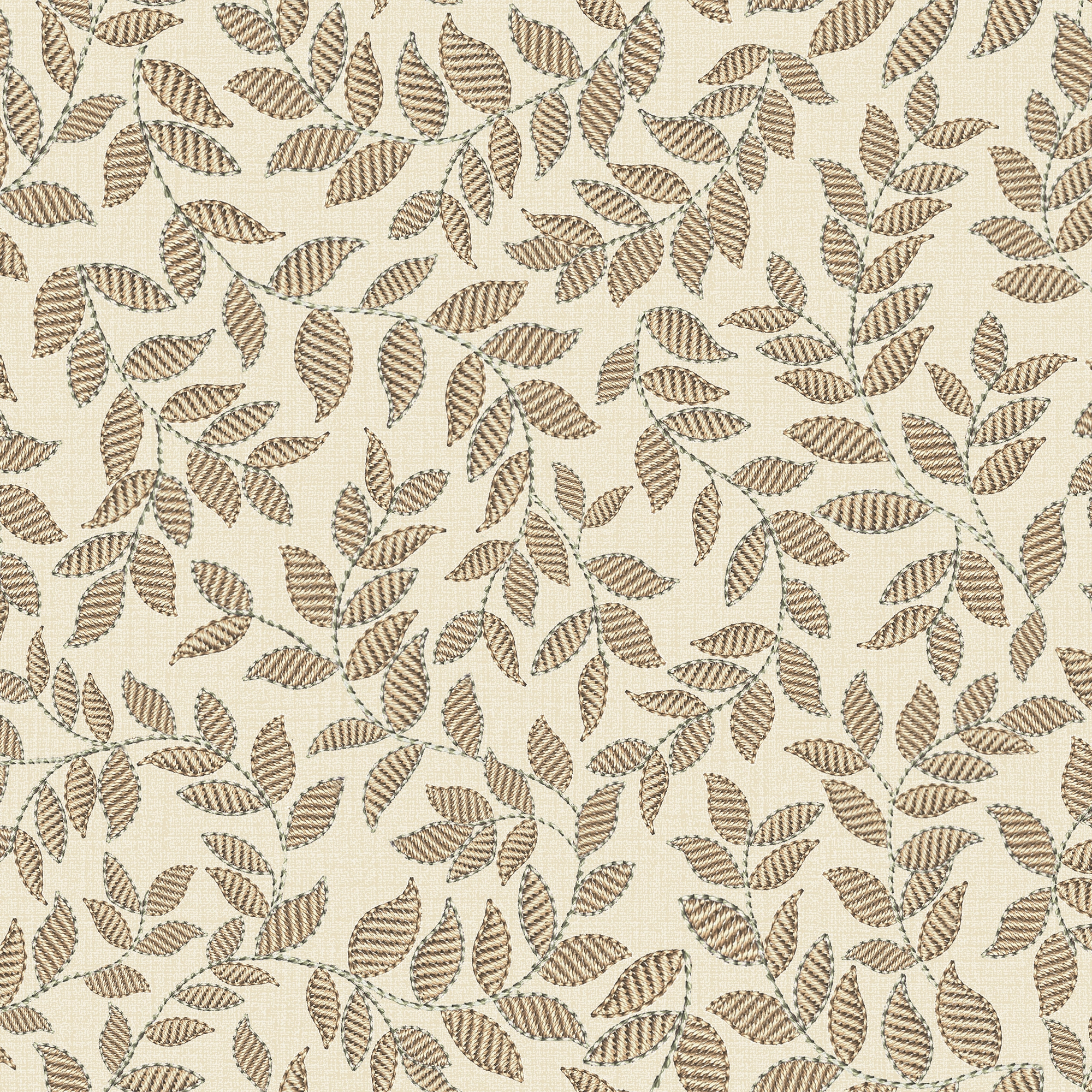 Wallpaper pattern of brown trailing leaves on a beige background.