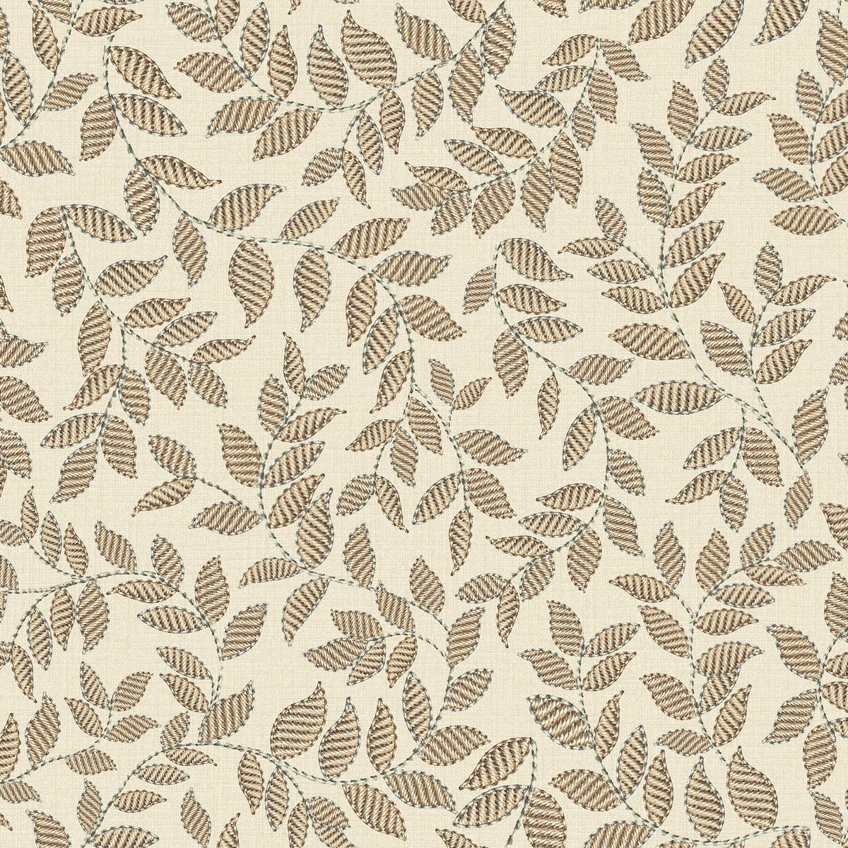 Wallpaper pattern of brown trailing leaves on a beige background.