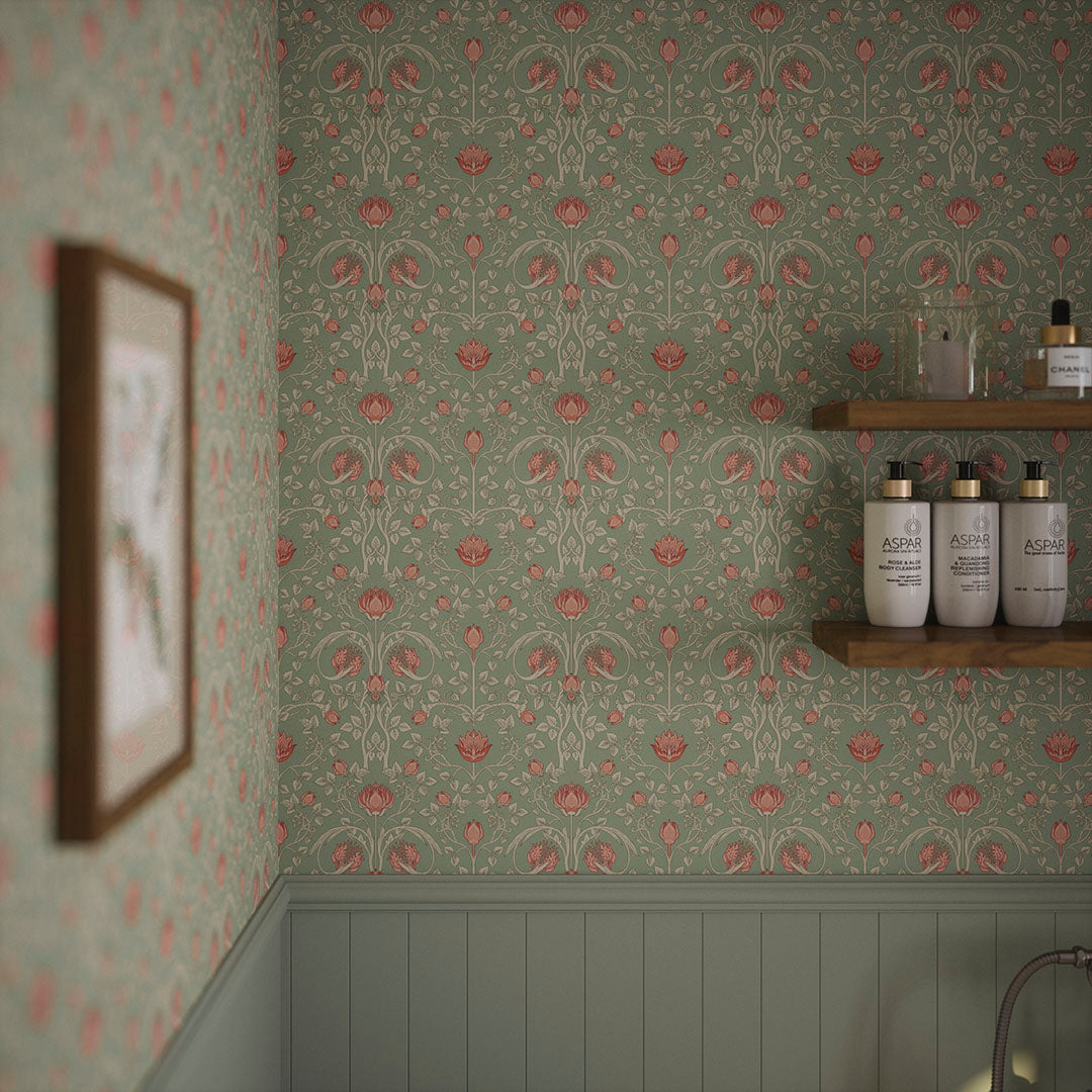 Bathroom wall featuring wooden shelves and a green wallpaper featuring repeated pink tulips and green foliage. 