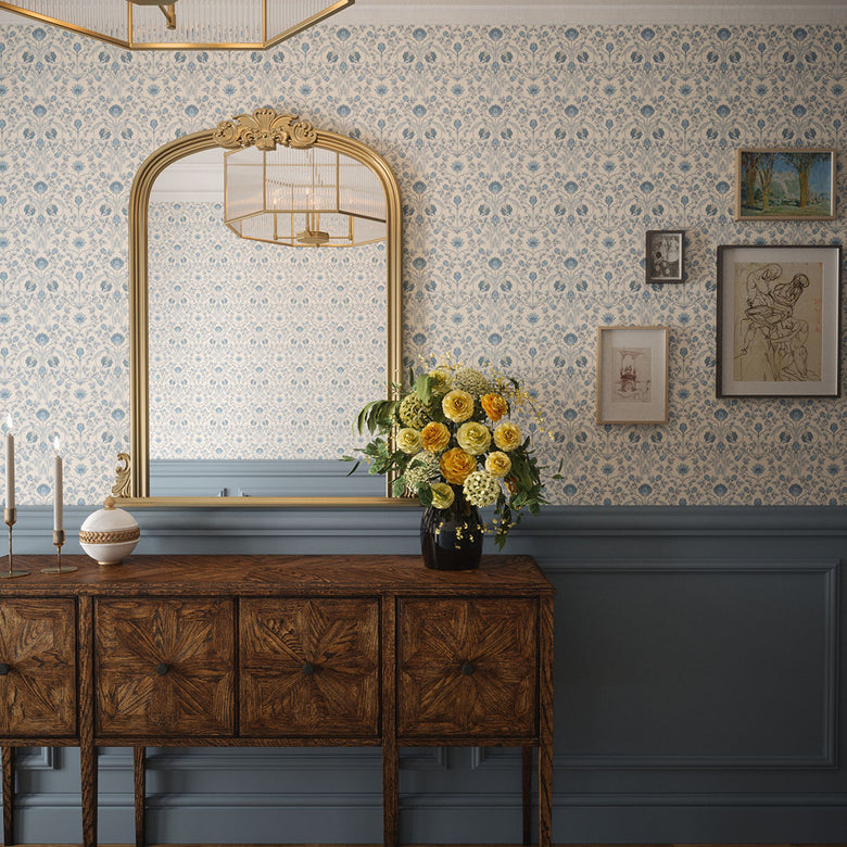 Tulip Garden Wallpaper in Cornflower Blue on Vintage Cream