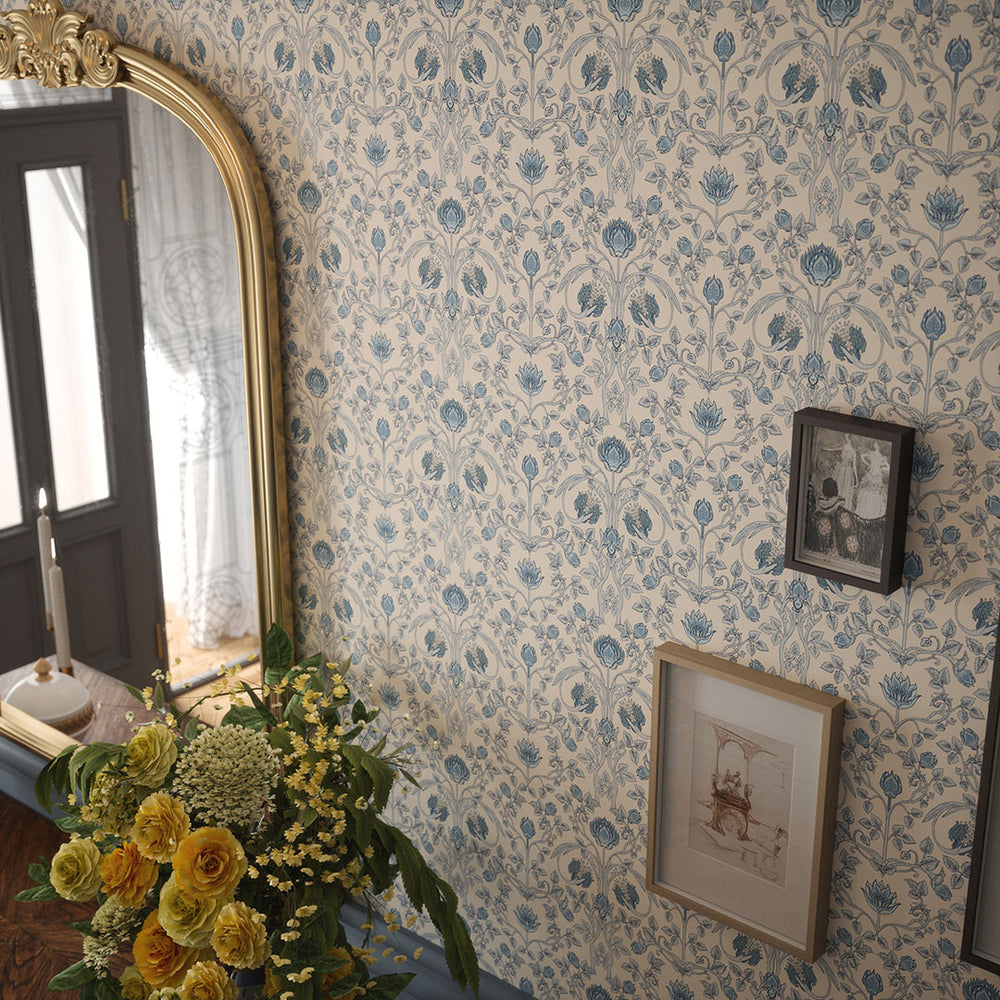 Tulip Garden Wallpaper in Cornflower Blue on Vintage Cream