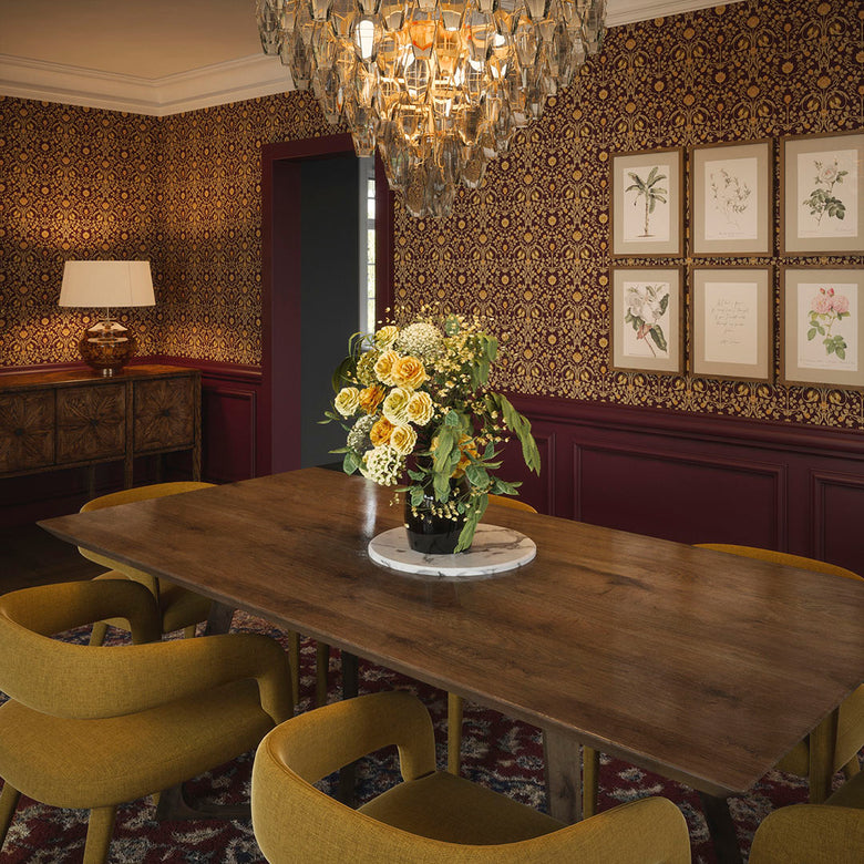 Tulip Garden Wallpaper in Gold on Bordeaux