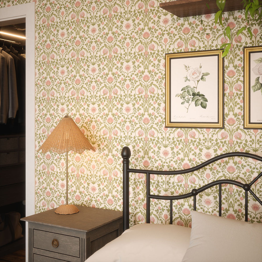 Tulip Garden Wallpaper in Sweet Pink and Olive on Cream