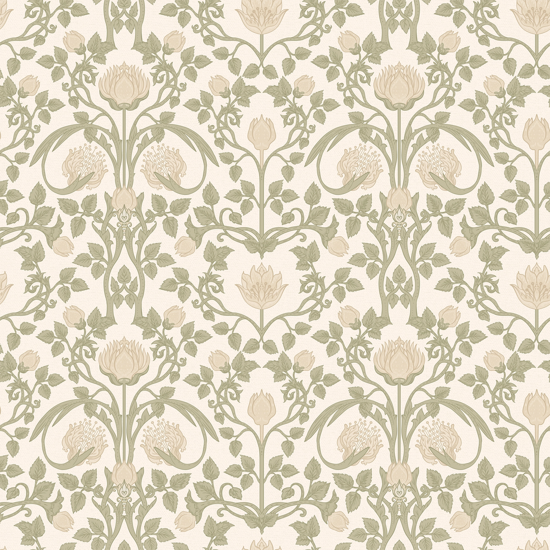 Tulip Garden Wallpaper in Sage and Cream on Soft Cream