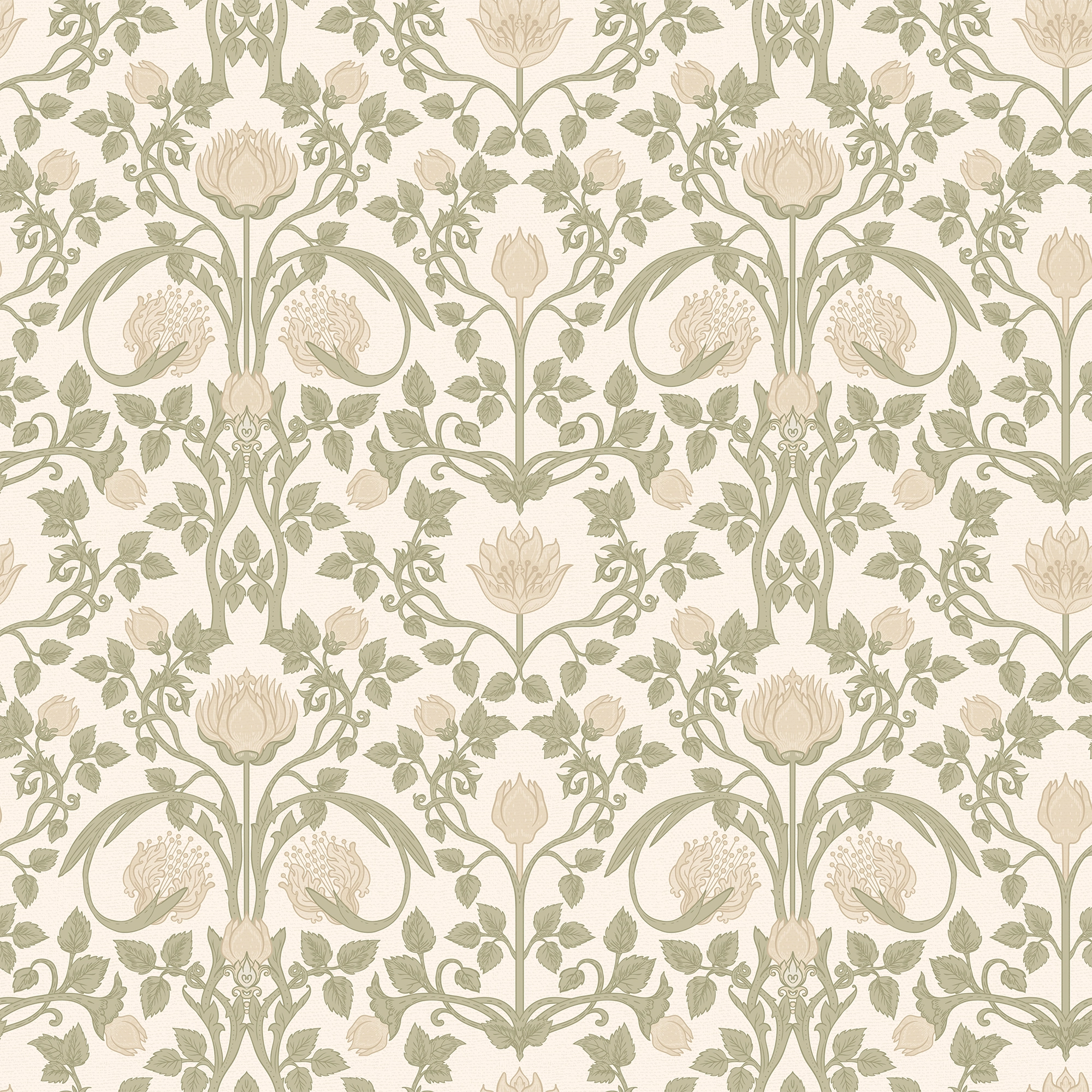 Tulip Garden Wallpaper in Sage and Cream on Soft Cream