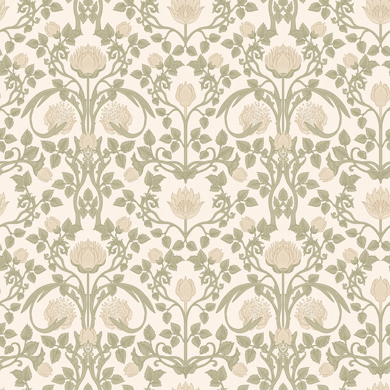 Tulip Garden Wallpaper in Sage and Cream on Soft Cream