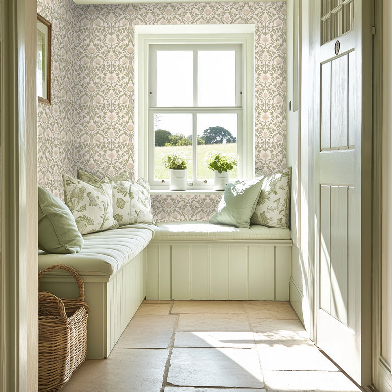 Tulip Garden Wallpaper in Sage and Cream on Soft Cream