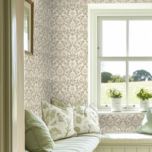 Tulip Garden Wallpaper in Sage and Cream on Soft Cream