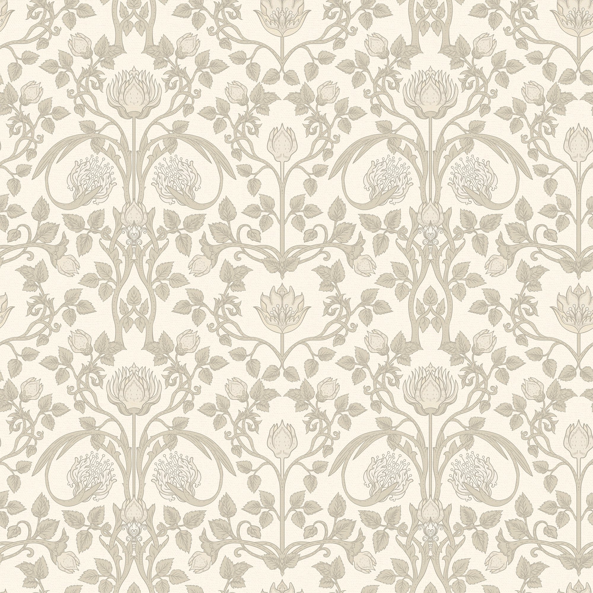 Tulip Garden Wallpaper in Stone and Natural on Rich Cream