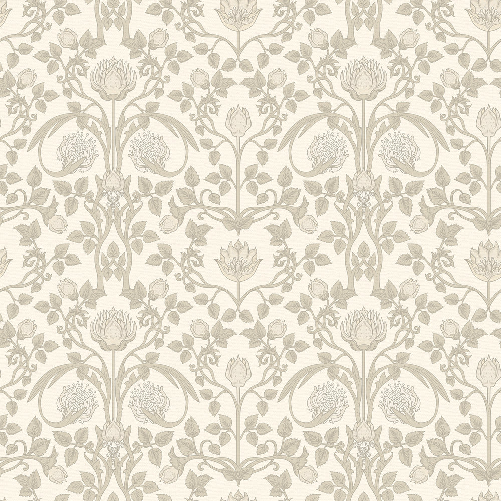 Tulip Garden Wallpaper in Stone and Natural on Rich Cream