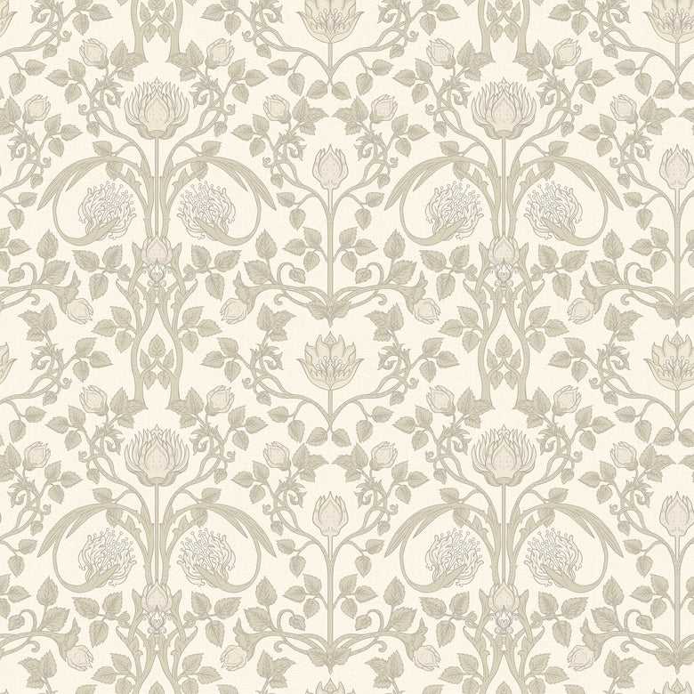 Tulip Garden Wallpaper in Stone and Natural on Rich Cream