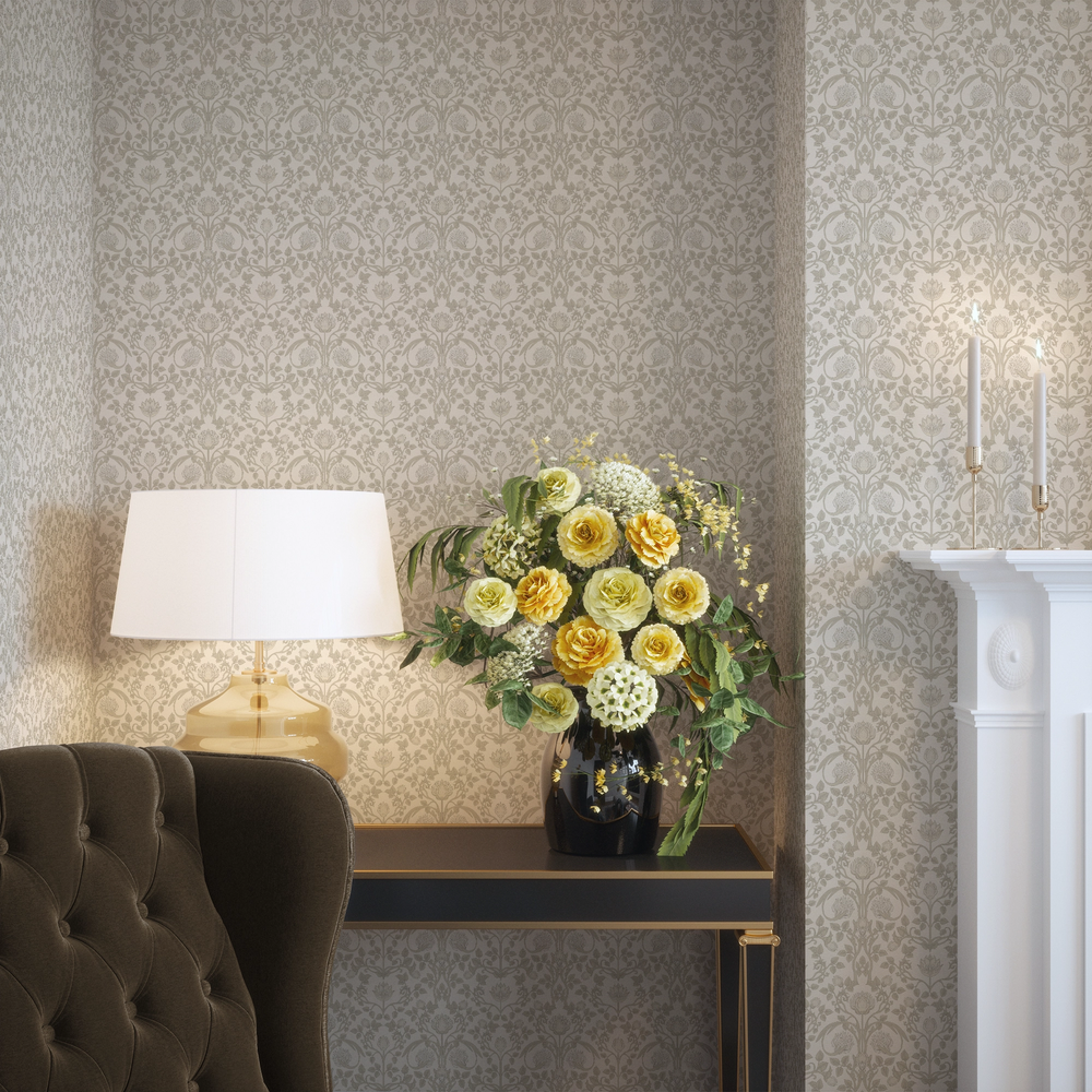 Tulip Garden Wallpaper in Stone and Natural on Rich Cream