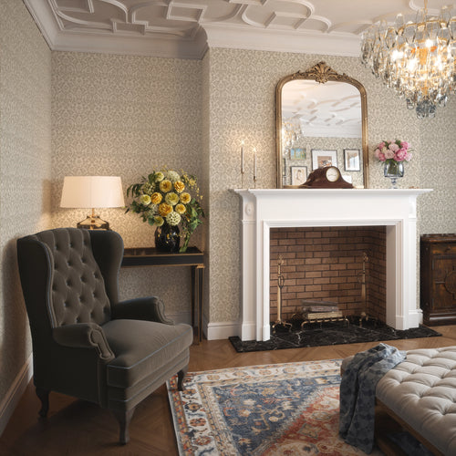 Tulip Garden Wallpaper in Stone and Natural on Rich Cream