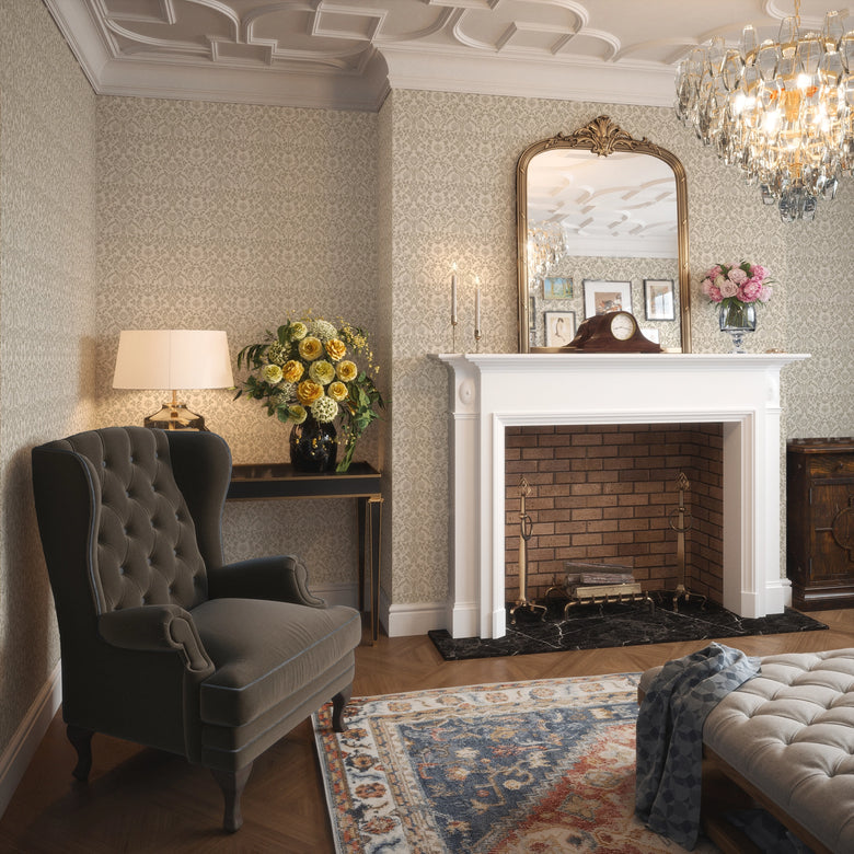 Tulip Garden Wallpaper in Stone and Natural on Rich Cream