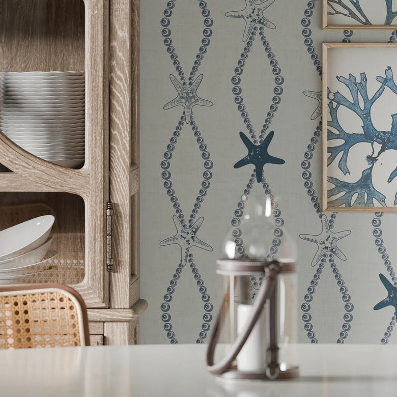 Underwater Treasure Wallpaper in Classic Navy on Duck Egg