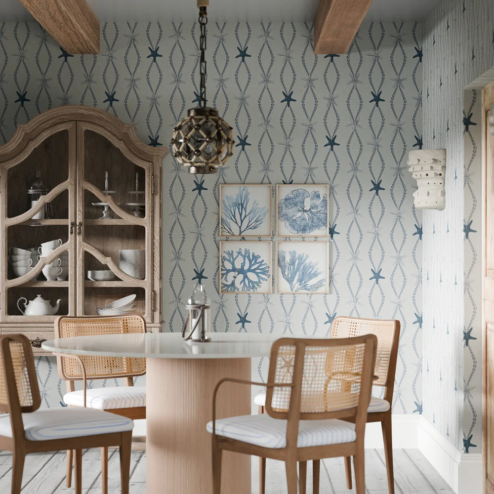 Underwater Treasure Wallpaper in Classic Navy on Duck Egg