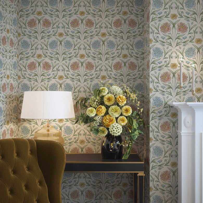 Vintage Trellis Wallpaper in Summer Shades on Vintage Cream