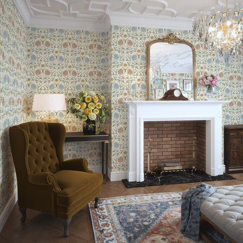 Vintage Trellis Wallpaper in Summer Shades on Vintage Cream