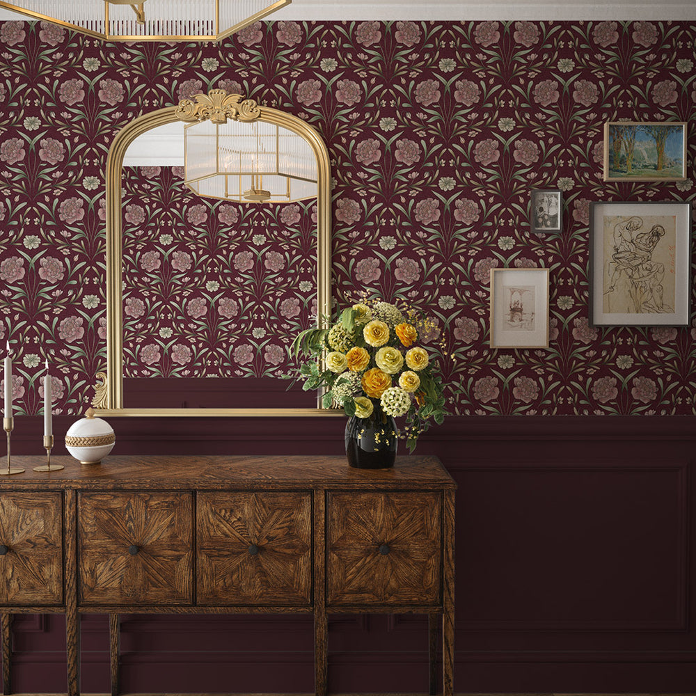 Vintage Trellis Wallpaper in Pistachio and Mulberry on Fig