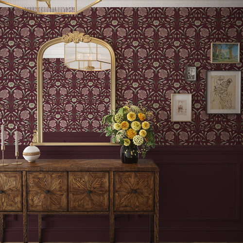 Vintage Trellis Wallpaper in Pistachio and Mulberry on Fig