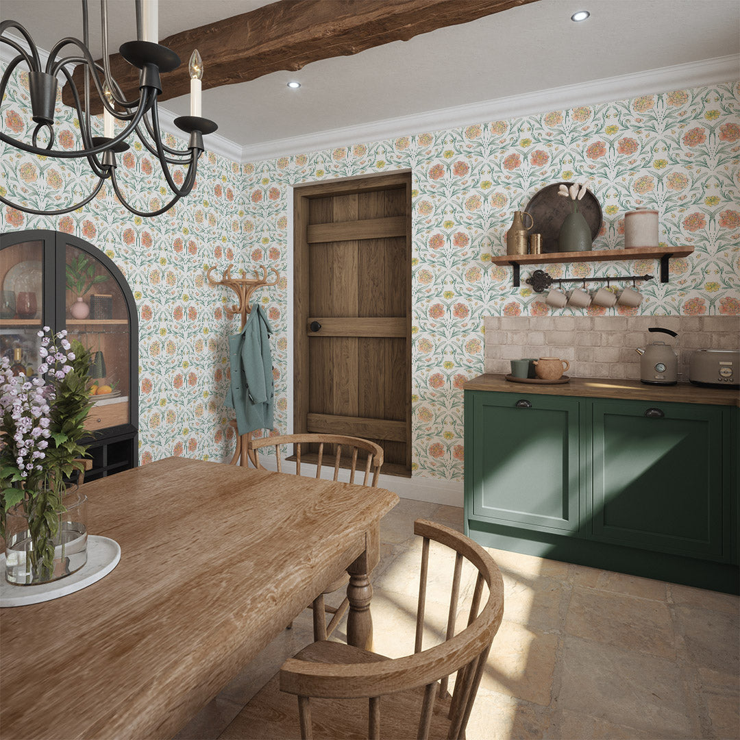 Vintage Trellis Wallpaper in Silt Green, Peach and Yellow