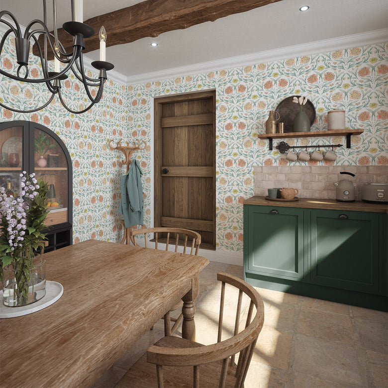 Vintage Trellis Wallpaper in Silt Green, Peach and Yellow