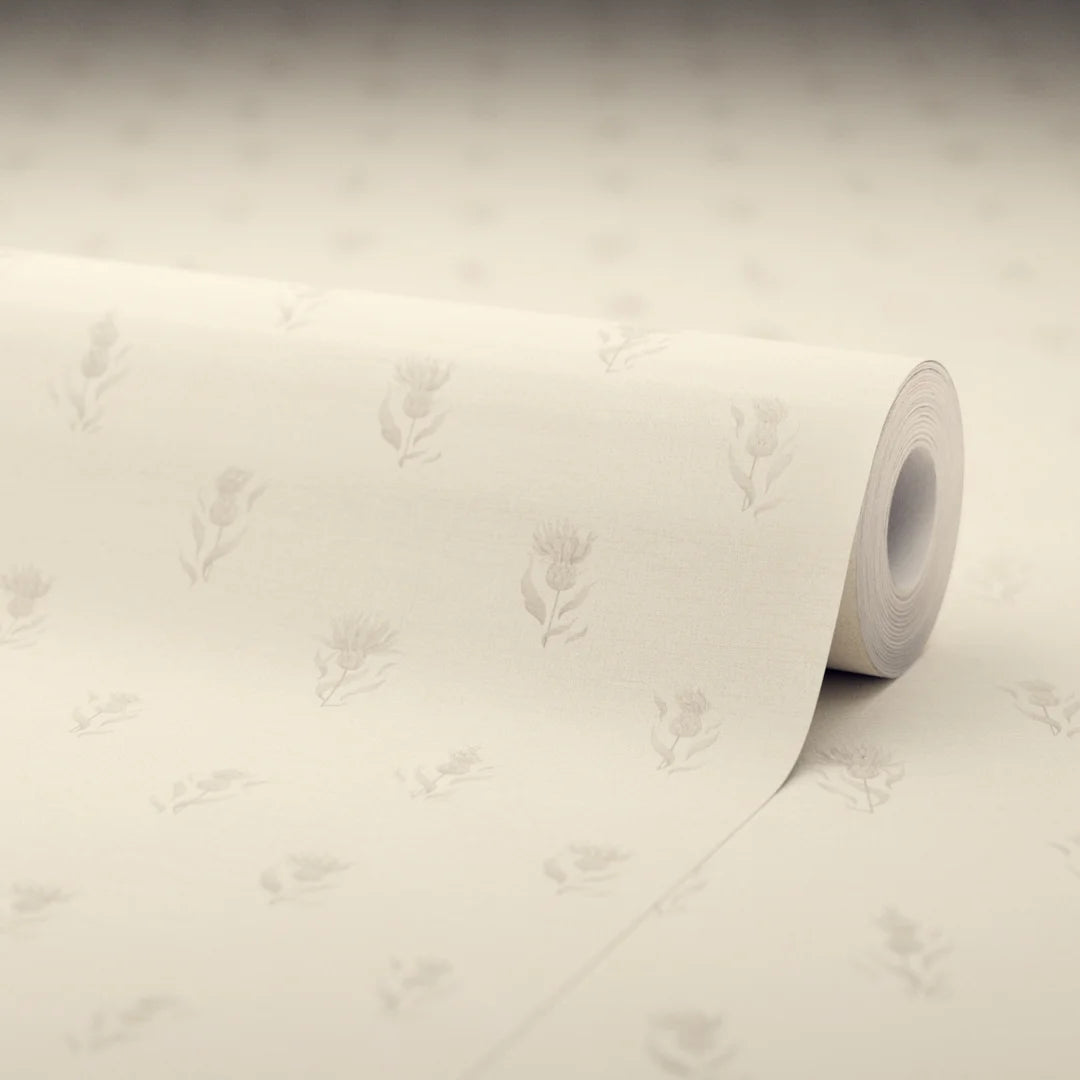 Wee Thistle Wallpaper in Castle Stone on Vintage Cream