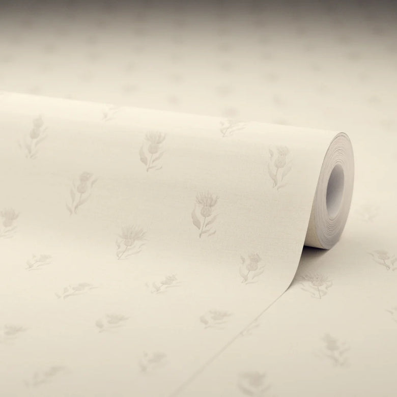 Wee Thistle Wallpaper in Castle Stone on Vintage Cream
