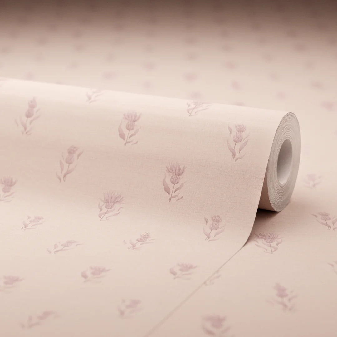 Wee Thistle Wallpaper in French Mauve on Vintage Rose