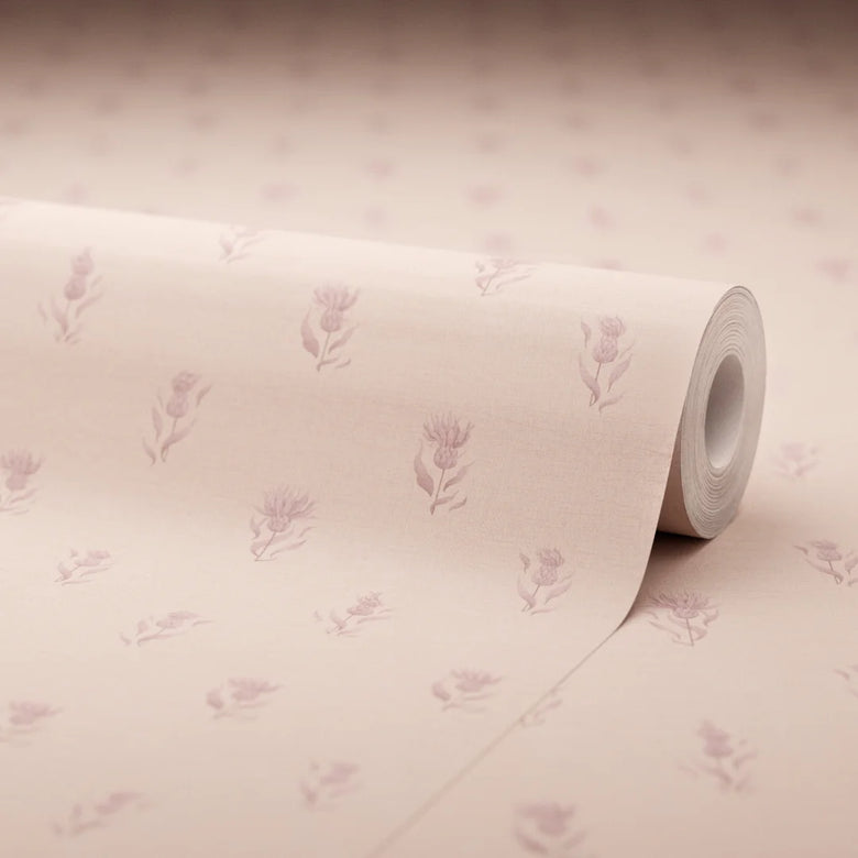 Wee Thistle Wallpaper in French Mauve on Vintage Rose