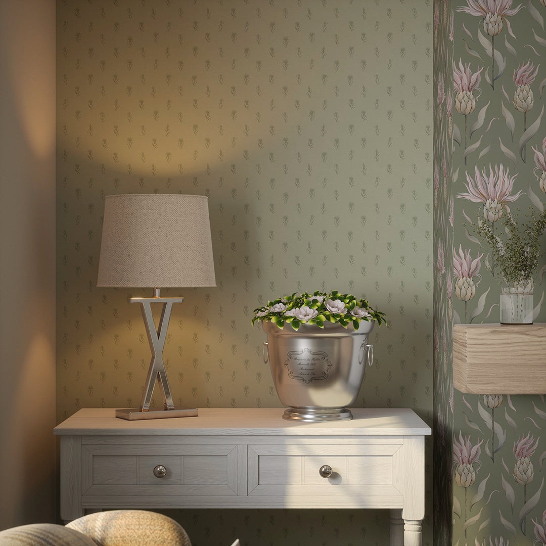 Wee Thistle Wallpaper in Slow Cooked Sage and New Forest Green