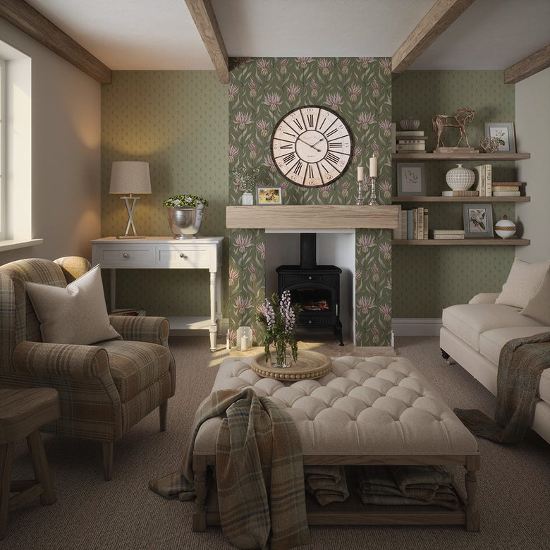 Wee Thistle Wallpaper in Slow Cooked Sage and New Forest Green