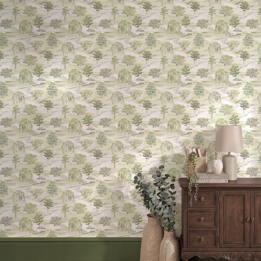 Weeping Willow Meander Wallpaper in Soft Greens
