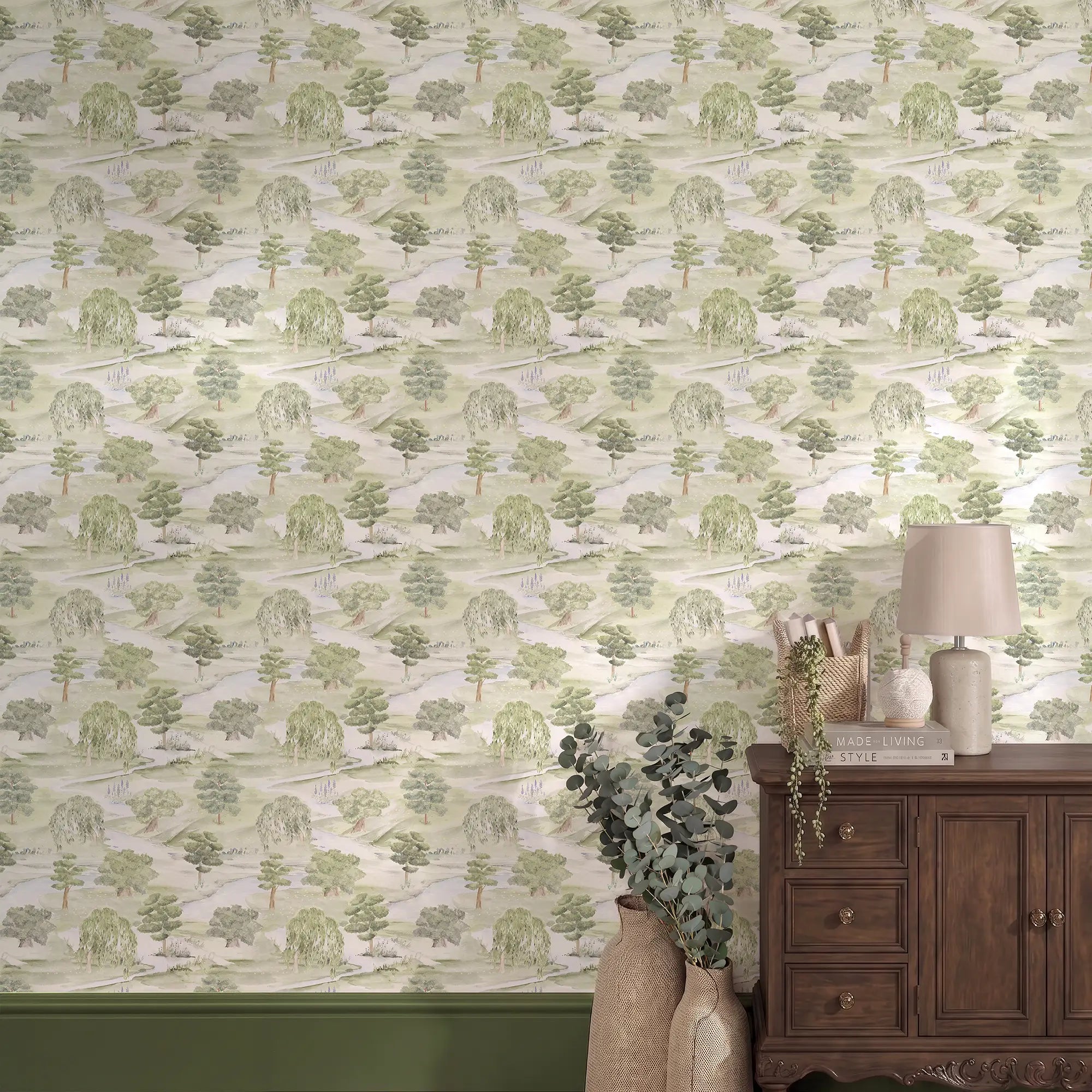 Weeping Willow Meander Wallpaper in Soft Greens