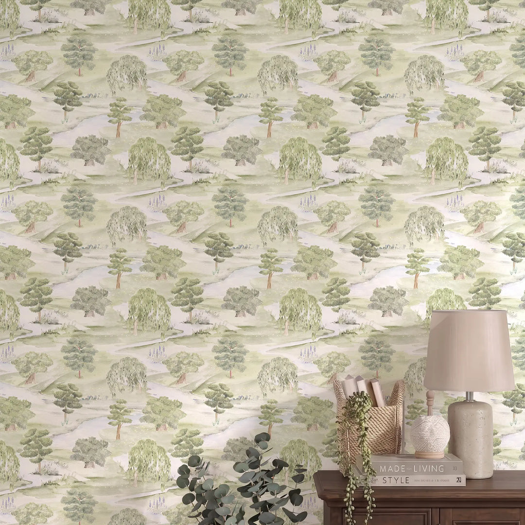 Weeping Willow Meander Wallpaper in Soft Greens