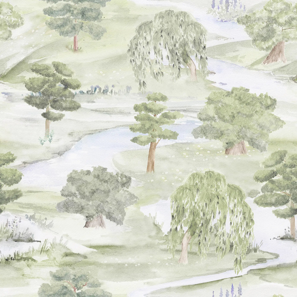 Weeping Willow Meander Wallpaper in Soft Greens