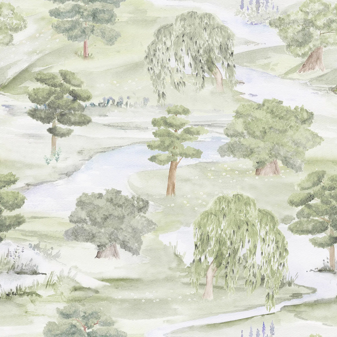 Weeping Willow Meander Wallpaper in Soft Greens