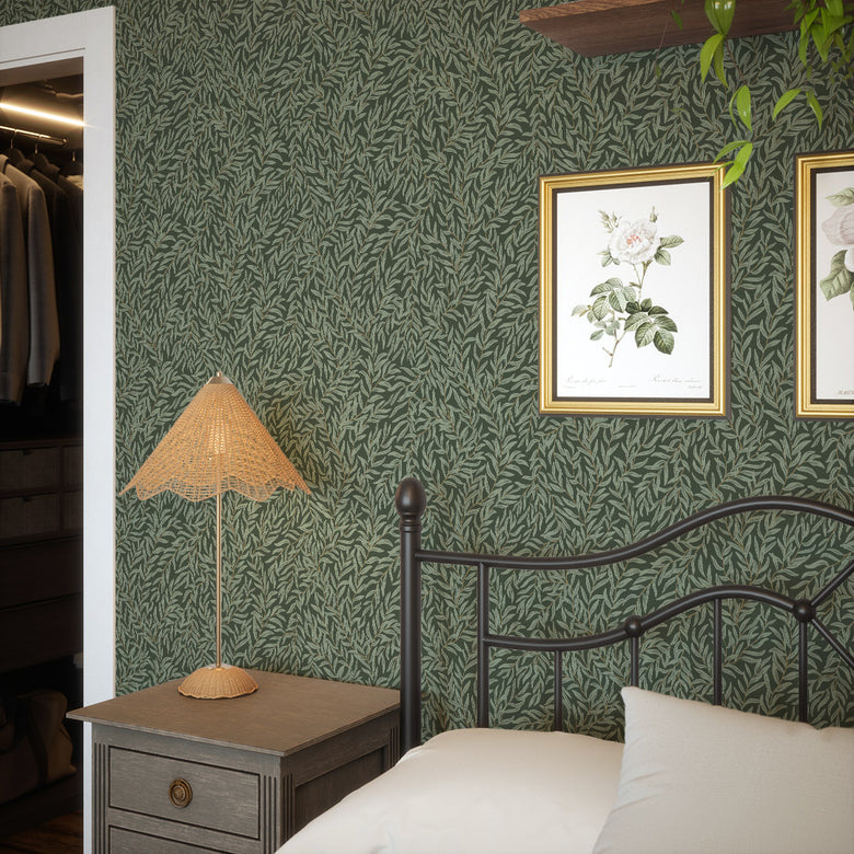 Whimsical Willow Wallpaper in Bayleaf on Juniper Green