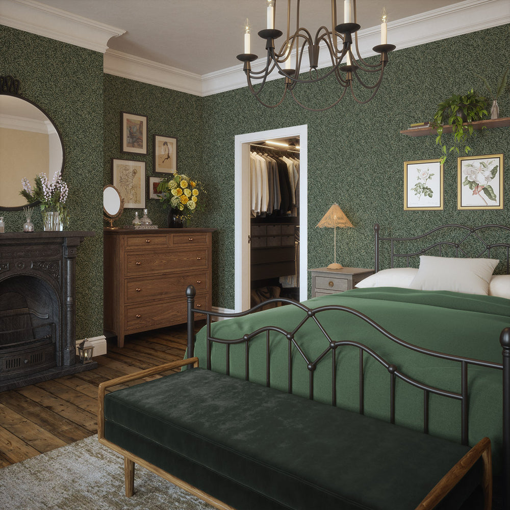 Whimsical Willow Wallpaper in Bayleaf on Juniper Green