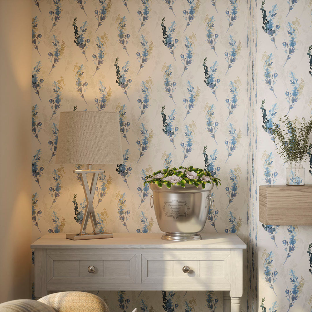 Wild Stocks Wallpaper in China Blue and Linen Cream