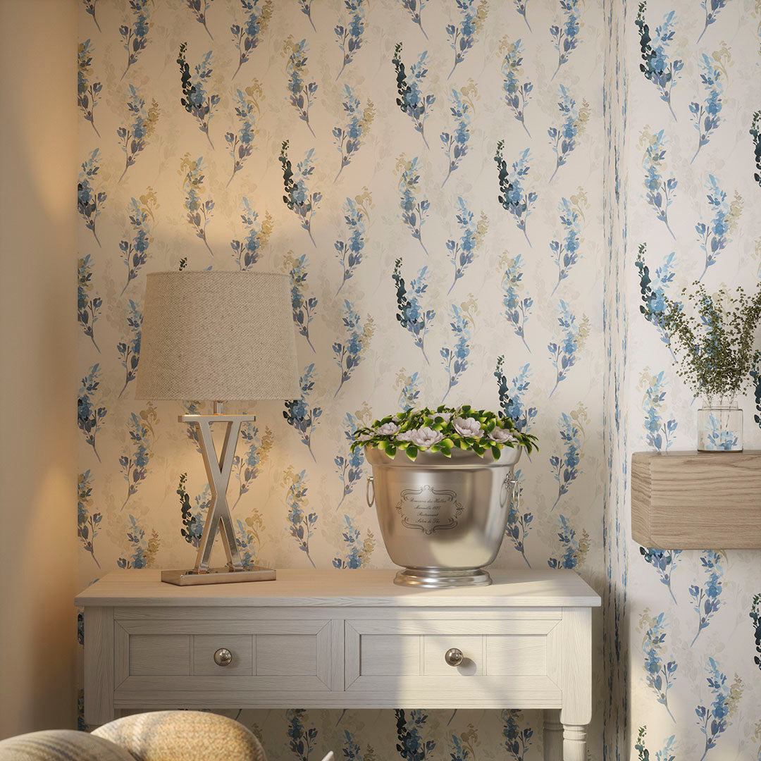 Living room nook featuring blue floral wallpaper in a watercolour style. 