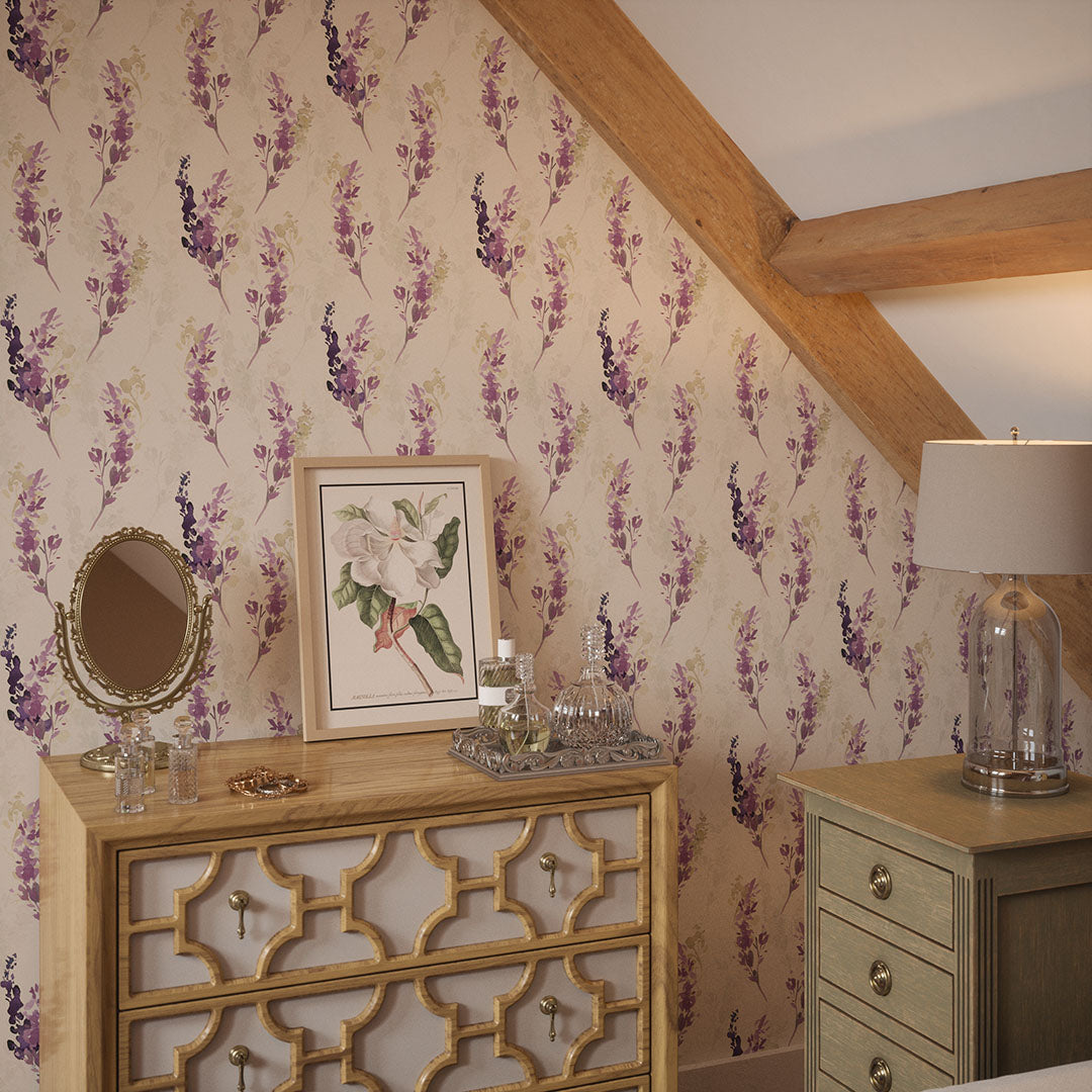 Bedroom nook with wooden beams, drawers, and purple floral wallpaper in a watercolour style. 
