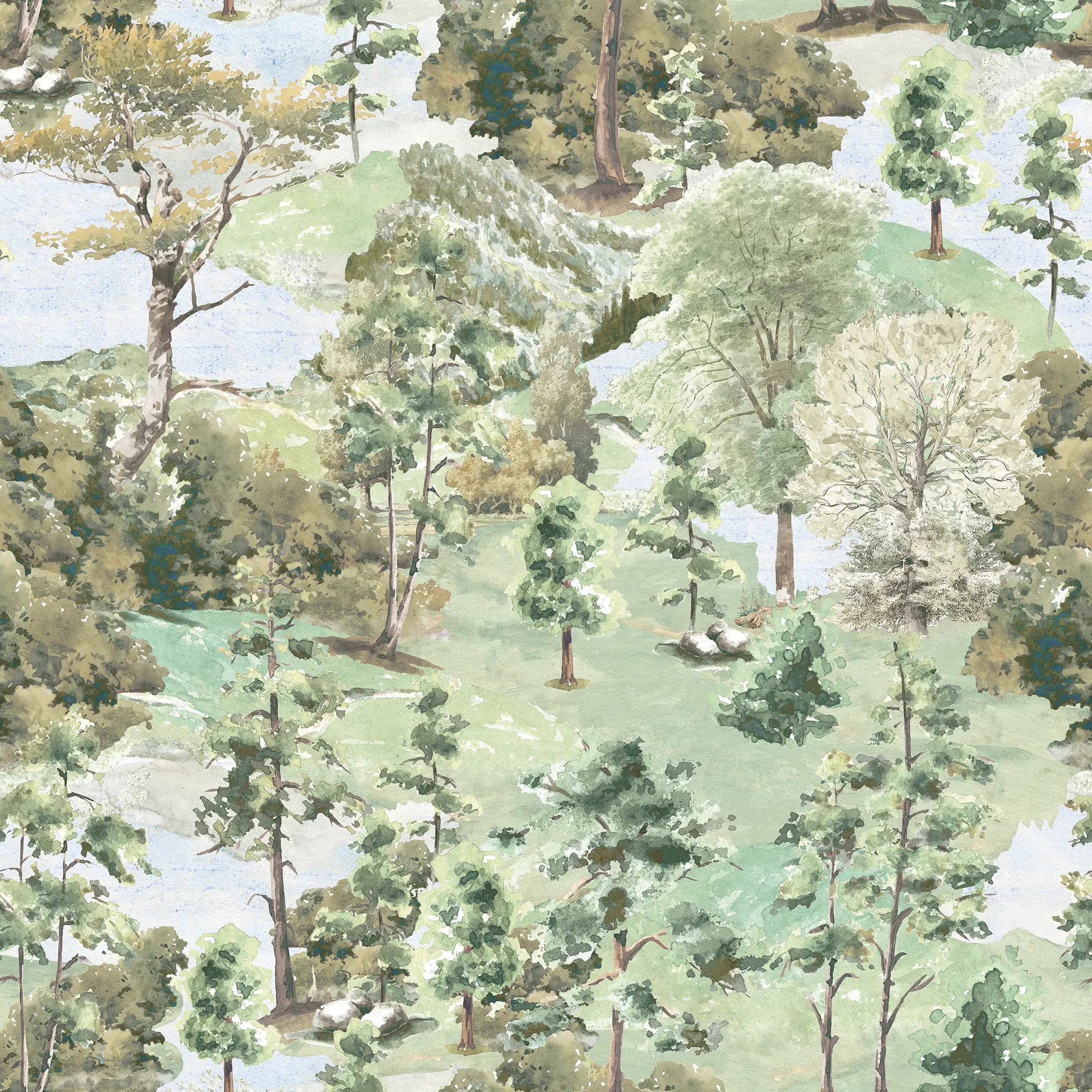 Wildwood Water Wallpaper in Greens