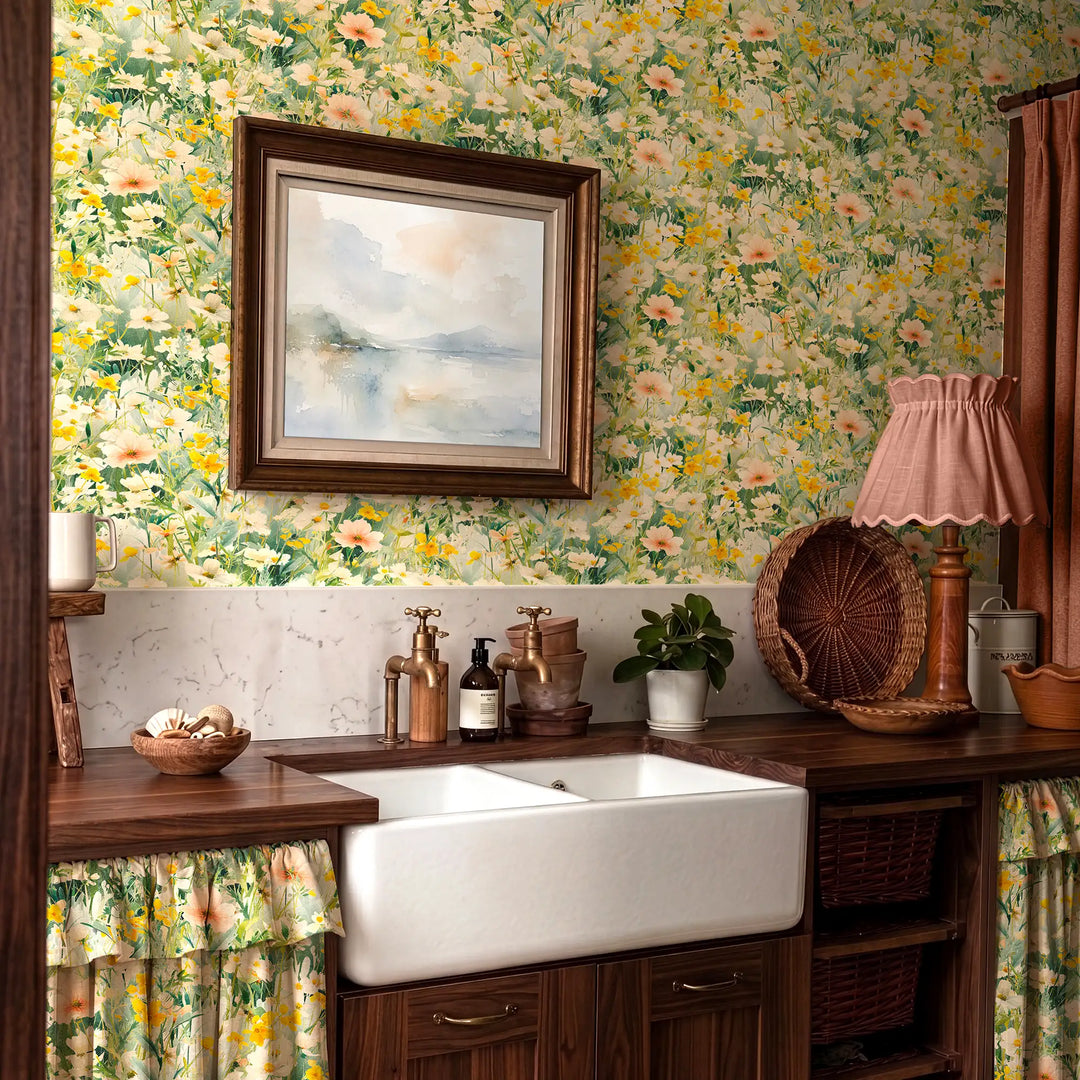 Windswept Wildflowers Wallpaper in Greens, Yellows and Pink