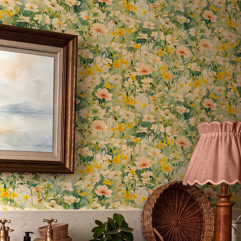 Windswept Wildflowers Wallpaper in Greens, Yellows and Pink