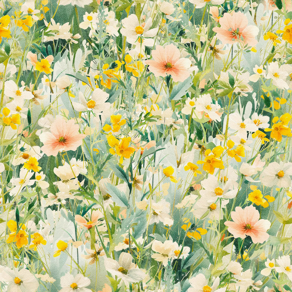 Windswept Wildflowers Wallpaper in Greens, Yellows and Pink
