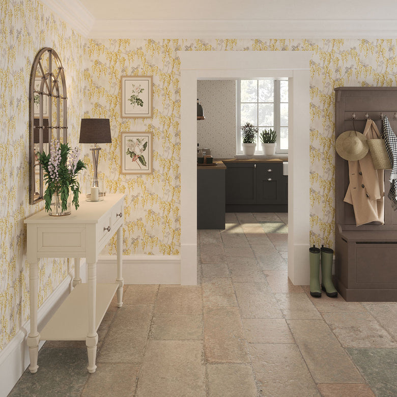 Wisteria Lane Wallpaper in Summer Yellows and Vintage Grey