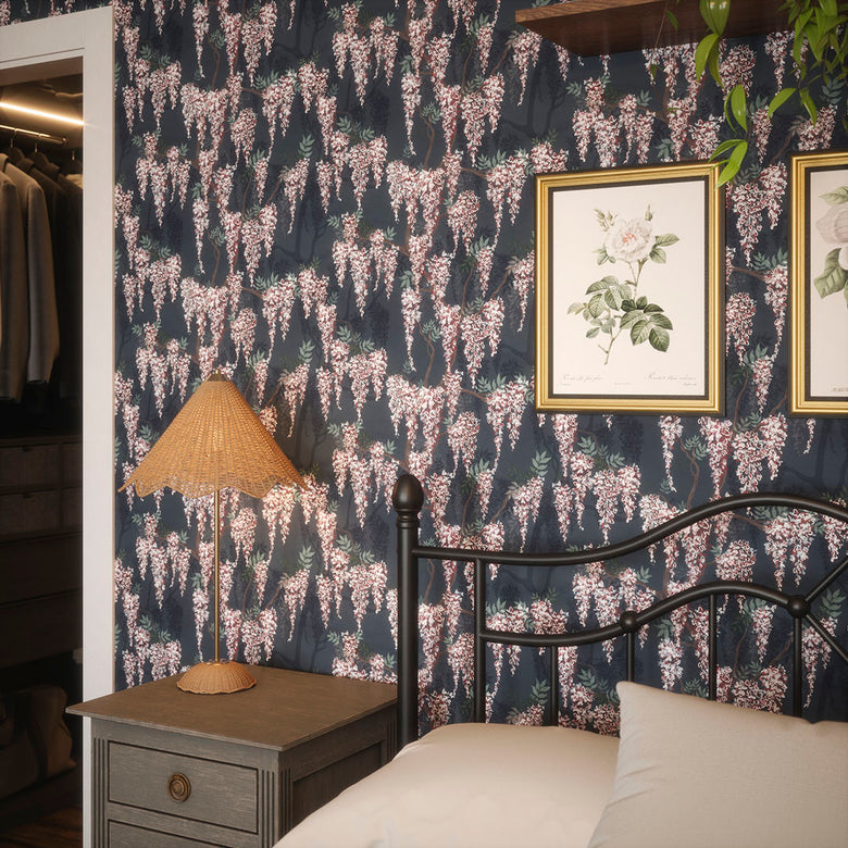 Wisteria Lane Wallpaper in Classic Navy with Berry Pinks